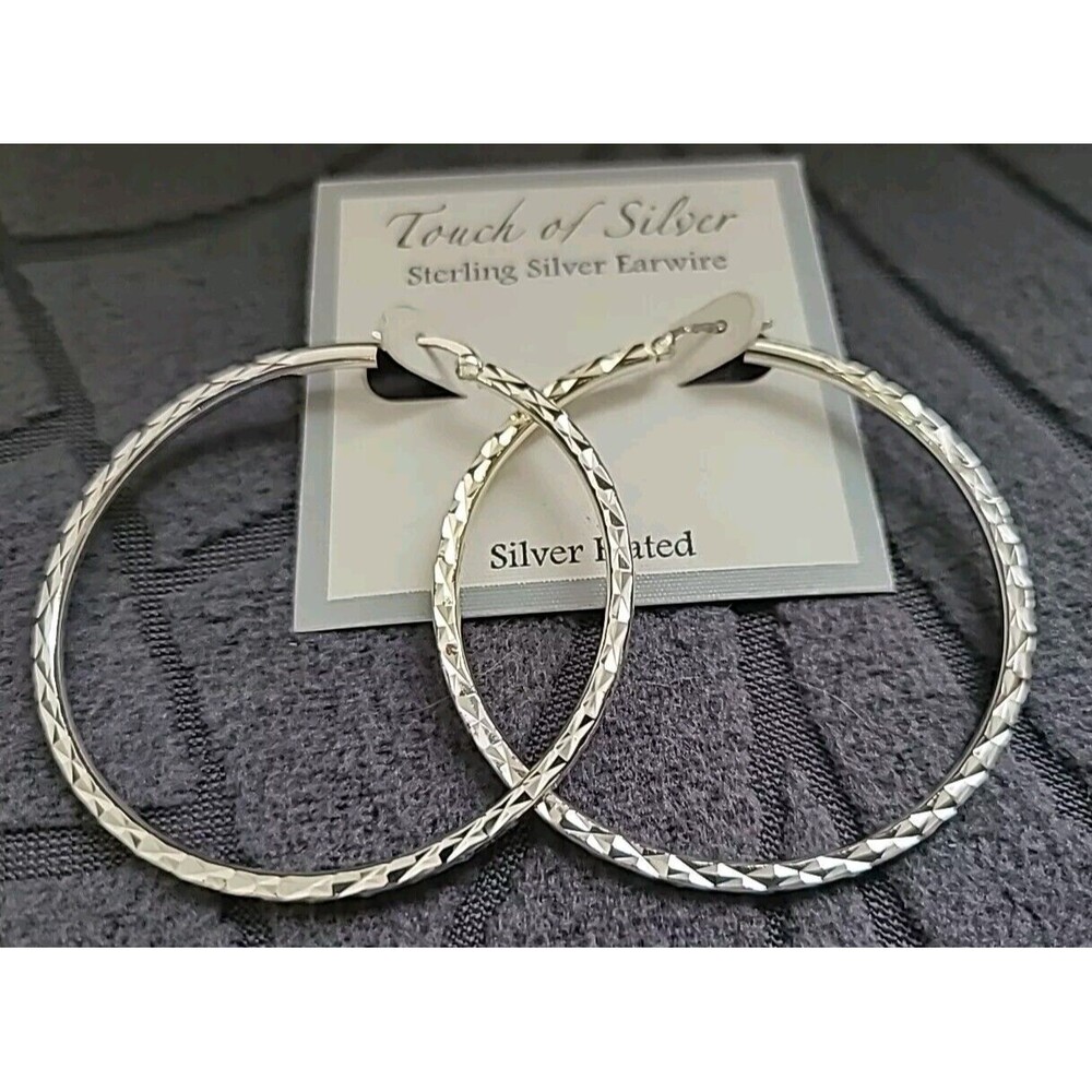 NWT Touch of Silver Sterling Plated Diamond Cut  2 1/8" Hoop Earrings